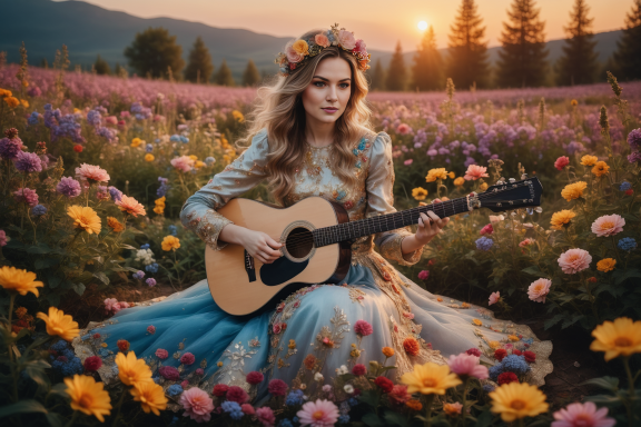 Frau mit Gitarre in einem bunten Blumenfeld bei Sonnenuntergang.
