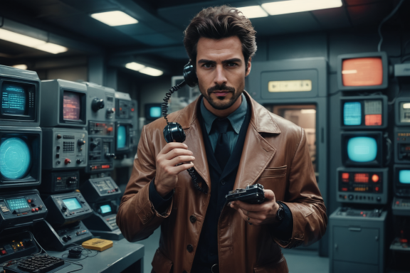 Mann in einem Braunem Mantel hält ein Mikrofon und eine Konsole in einem Technikraum.