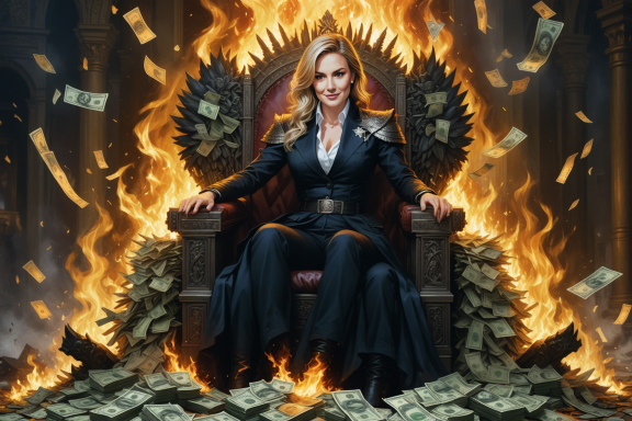 Eine mächtige Frau sitzt auf einem Thron aus Geldscheinen, umgeben von Feuer.