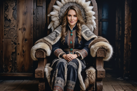 Frau in traditioneller Kleidung mit Federkrone, sitzt auf einem dekorativen Thron.