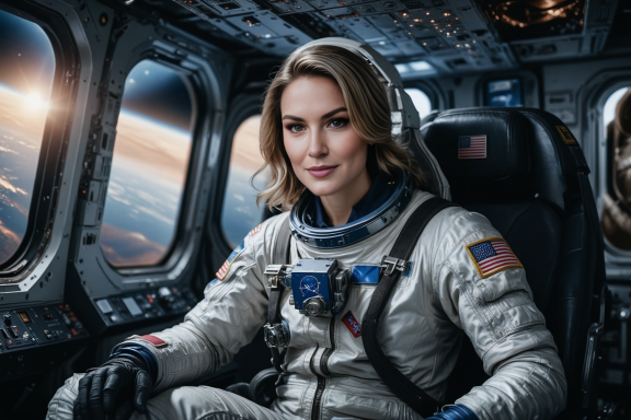 Astronautin im Raumanzug sitzt im Cockpit eines Raumschiffs mit Blick ins All.