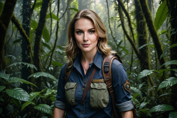 Frau mit Rucksack in einem dichten, grünen Dschungel, ernst lächelnd.