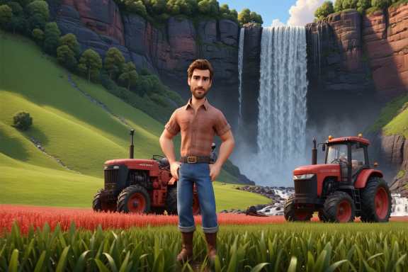 Ein Mann steht vor einem Wasserfall und zwei Traktoren in einer grünen Landschaft.