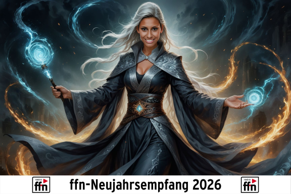 Frau in einem eleganten, dunklen Gewand mit Zauberstab und magischen Energien.