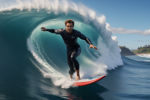 Surfer reitet auf einer großen Welle an einem sonnigen Strand.