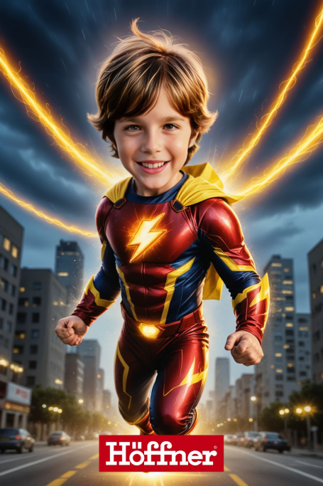 Ein lächelnder Junge im Superhelden-Kostüm fliegt durch eine Stadt.