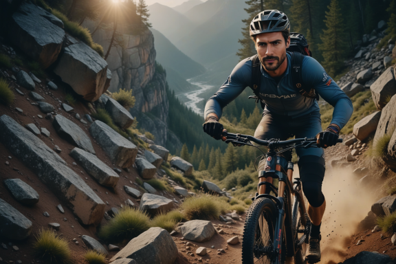 Mann fährt mit dem Mountainbike einen steilen, felsigen Weg in einer Berglandschaft.