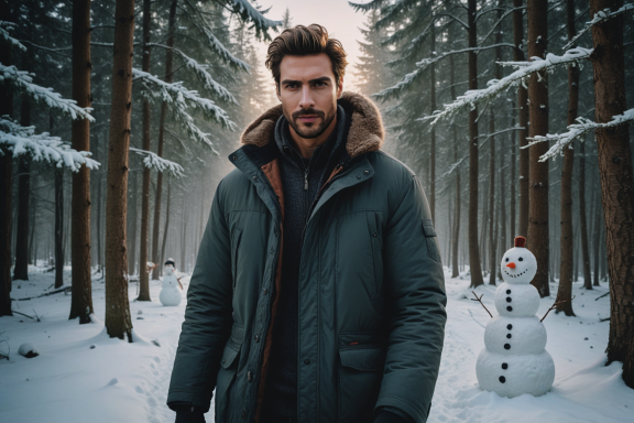 Mann in einer Waldstraße, umgeben von schneebedeckten Bäumen und Schneemännern.