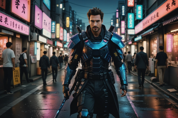 Ein futuristischer Krieger in glänzender Rüstung geht durch eine belebte Stadtstraße.