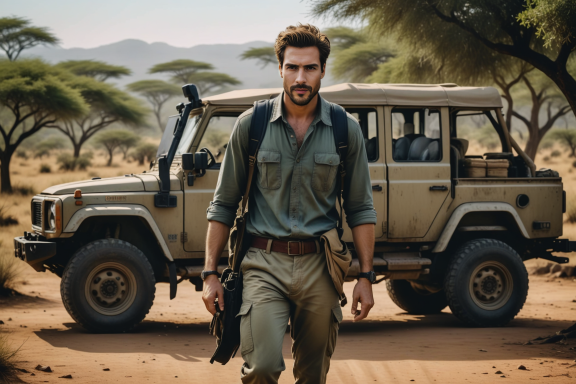 Mann in khakiger Kleidung geht vor einem Geländewagen durch eine afrikanische Landschaft.