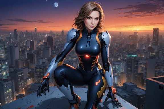 Futuristische Frau in enger, glänzender Anzugskleidung, auf einem Hochhaus mit Stadtblick.