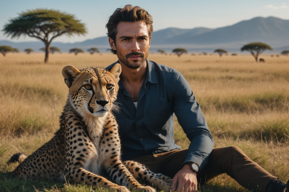 Mann sitzt neben einem Geparden in einer afrikanischen Savanne mit Akazienbäumen.