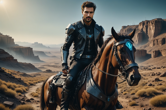 Ein reitender Mann in futuristischer Rüstung auf einem Pferd in der Wüste.