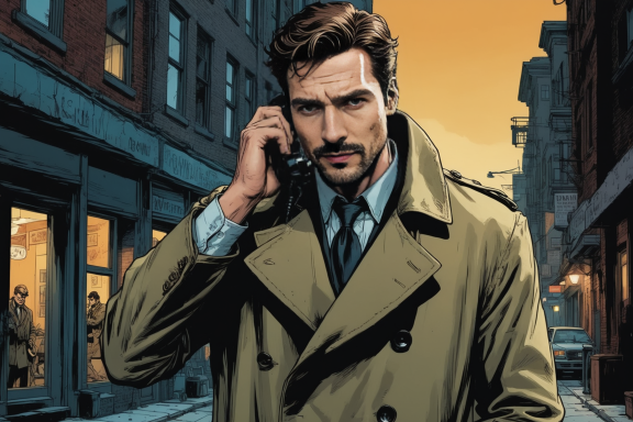 Mann im Mantel spricht am Telefon vor urbaner Kulisse bei Sonnenuntergang.