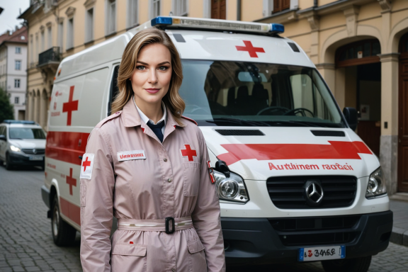 Frau in rotem Kreuz-Outfit steht vor einem Einsatzfahrzeug des Rettungsdienstes.