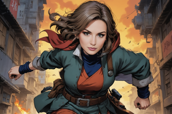 Eine kämpferische Frau in einem heroischen Outfit läuft durch eine brennende Stadt.