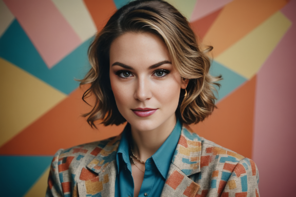 Junge Frau mit kurzen, lockigen Haaren und buntem Blazer vor geometrischem Hintergrund.