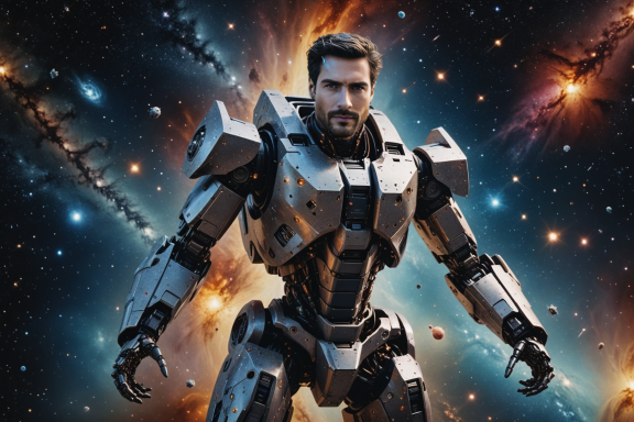 Ein Mann in einer futuristischen Rüstung steht vor einem galaktischen Hintergrund.