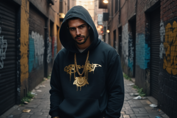 Mann in Kapuzenpulli mit goldener Kette in einer urbanen Gasse.