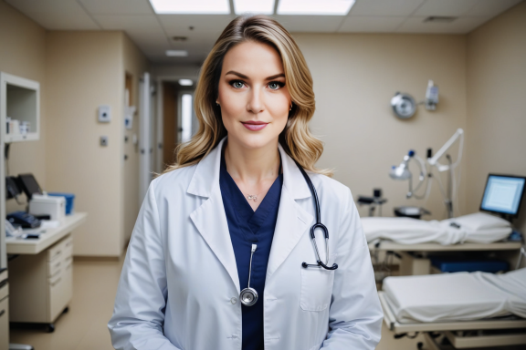 Ärztin in einem Behandlungsraum, lächelt und trägt einen weißen Kittel mit Stethoskop.