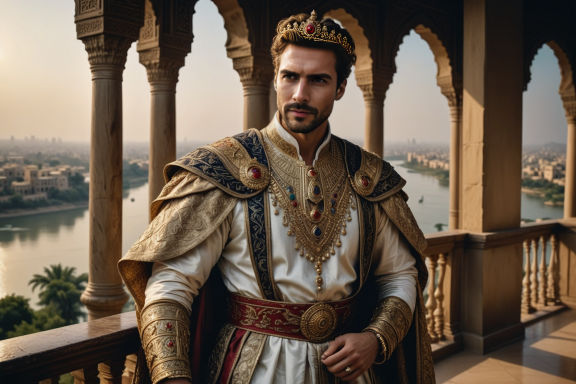 Ein majestätischer Mann in königlicher Kleidung steht auf einem Balkon mit Blick auf eine Stadt.