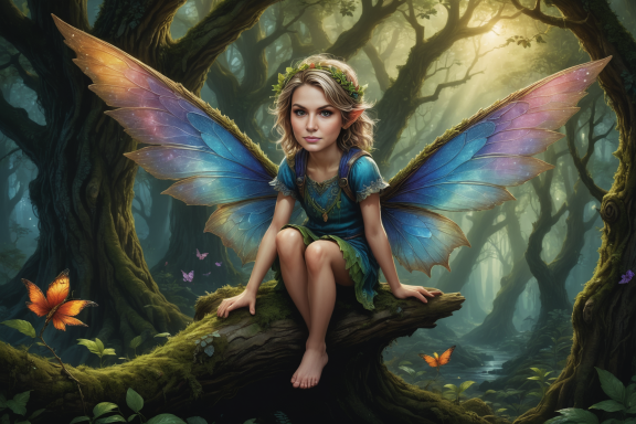 Ein junges Mädchen mit bunten Feenflügeln sitzt auf einem Baumstamm im Wald.