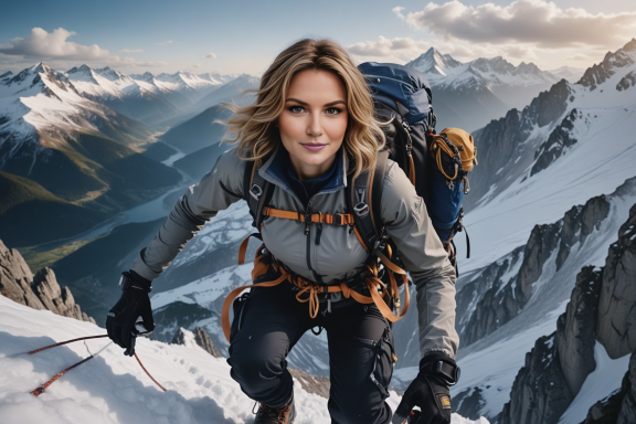Frau mit Rucksack und Kletterausrüstung beim Bergsteigen in schneebedeckter Landschaft.