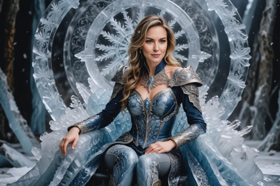 Frau in glitzernder Rüstung sitzt auf einem Thron aus Eis und Schnee.