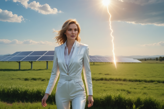 Frau in silbernem Anzug steht vor Solarpanelen, während ein Blitz am Himmel zu sehen ist.