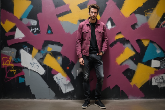 Mann in lila Jacke steht vor bunter, abstrakter Wandgrafik.