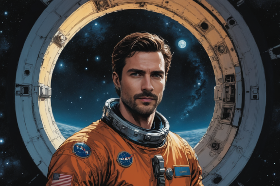 Astronaut in orange Raumanzug vor einem Raumfahrzeug, mit einem Sternenhimmel im Hintergrund.