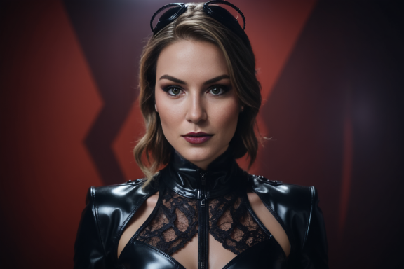 Frau in schwarzer Lederkleidung mit Spitzenakzenten vor rotem Hintergrund.