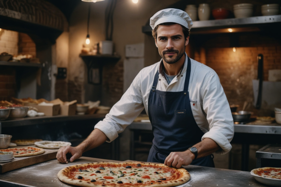 Ein Pizzabäcker in einer Küche, der eine frische Pizza mit Belägen zubereitet.