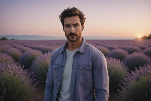 Mann steht zwischen Lavendelfeldern bei Sonnenuntergang.