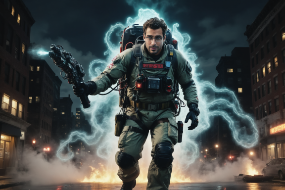 Ein Ghostbuster mit Ausrüstung und Protonenstrahler, vor einem nebligen, geisterhaften Hintergrund.