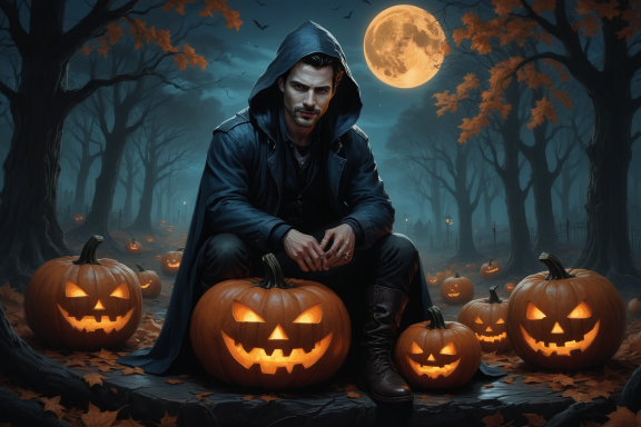 Person mit Kapuzenmantel sitzt zwischen gruselig beleuchteten Kürbissen im Wald bei Mondschein.