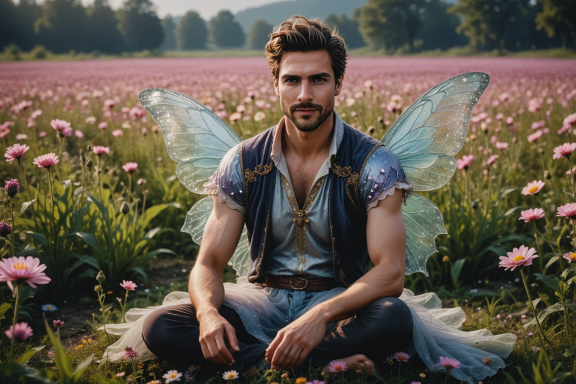 Mann mit Feenflügeln sitzt in einem bunten Blumenfeld.