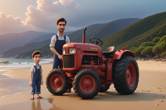 Junge und Mann in Latzhosen stehen neben einem roten Traktor am Strand.