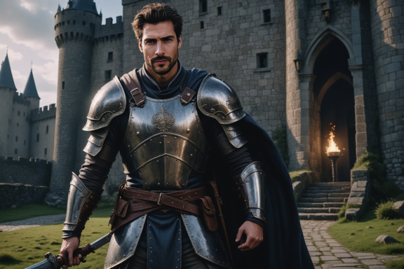 Ritter in Rüstung vor einer mittelalterlichen Burg, mit Umhang und entschlossenem Blick.