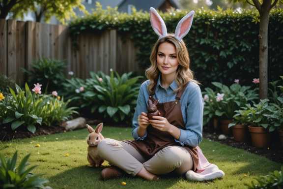 Frau mit Hasenohren sitzt im Garten und hält einen Hasen auf dem Schoß.