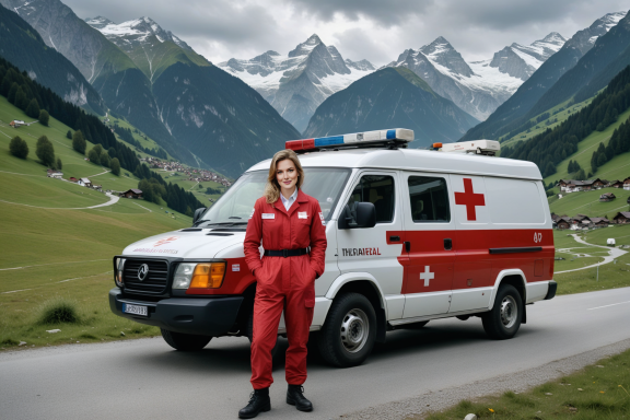 Rettungssanitäter in roter Uniform steht neben einem Rettungswagen in den Bergen.