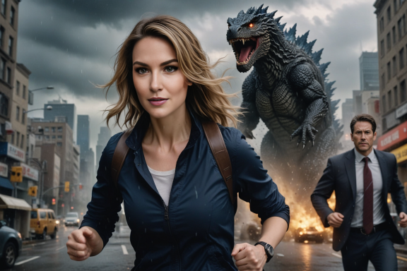 Eine Frau rennt vor einem riesigen Monster durch eine Stadt, während ein Mann folgt.