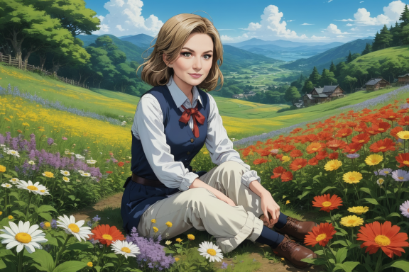 Junge Frau in ländlicher Umgebung, umgeben von bunten Blumen und Bergen im Hintergrund.