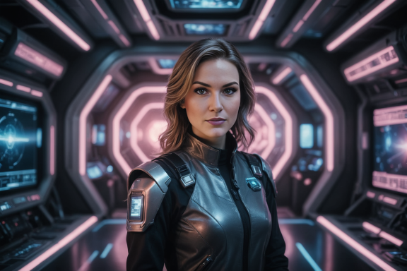 Frau in einem futuristischen Raumanzug, umgeben von leuchtenden, wissenschaftlichen Displays.