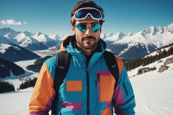 Junger Mann im bunten Skijacke vor schneebedeckten Bergen und klarem Himmel.