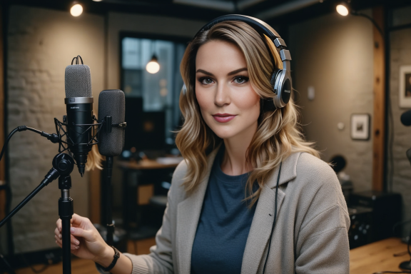 Frau mit Kopfhörern neben Mikrofon in einem Studio, schaut direkt in die Kamera.