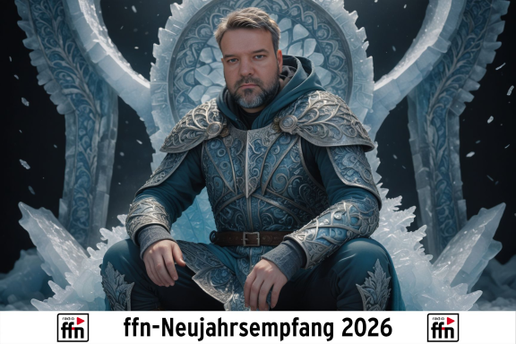Mann in prächtigem, frostinspiriertem Outfit sitzt auf einem eisigen Thron.