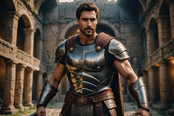 Krieger in antiker Rüstung steht in einer gewölbten Steinarchitektur.