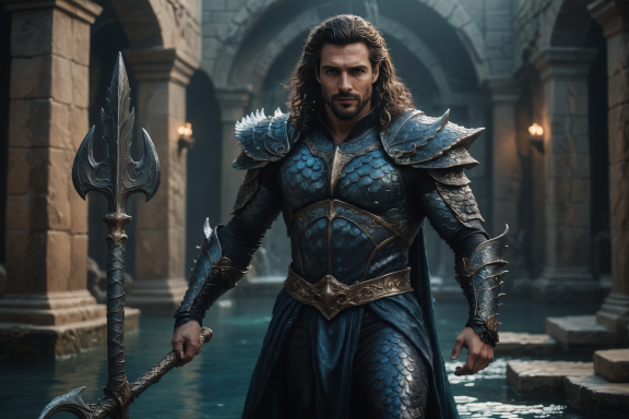 Krieger in blauer Rüstung mit Dreizack in einer alten, mystischen Umgebung.