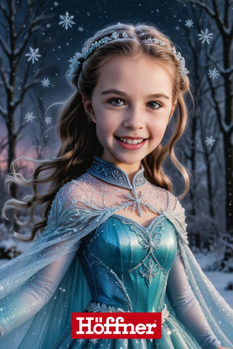 Ein Mädchen in einem glitzernden blauen Kleid mit Schneeflocken im Hintergrund.